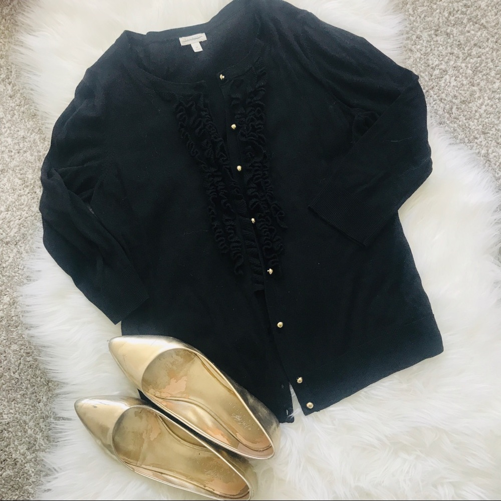 Talbots | Black Ruffle Cardigan with Gold Buttons - Picture 1 of 5